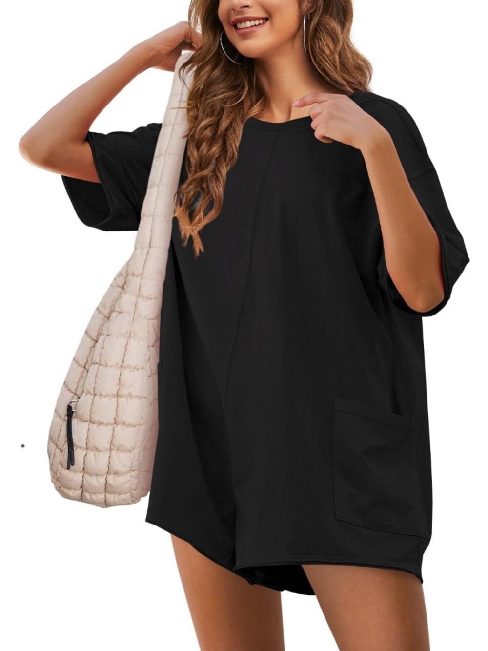 Women's Black Casual Oversized Athletic Overall Workout Hot Shot Tee Romper